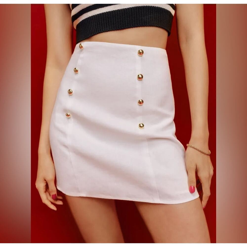 New Reformation Mia Linen Mini Skirt 10 Gold Button Sailor Lined NWT